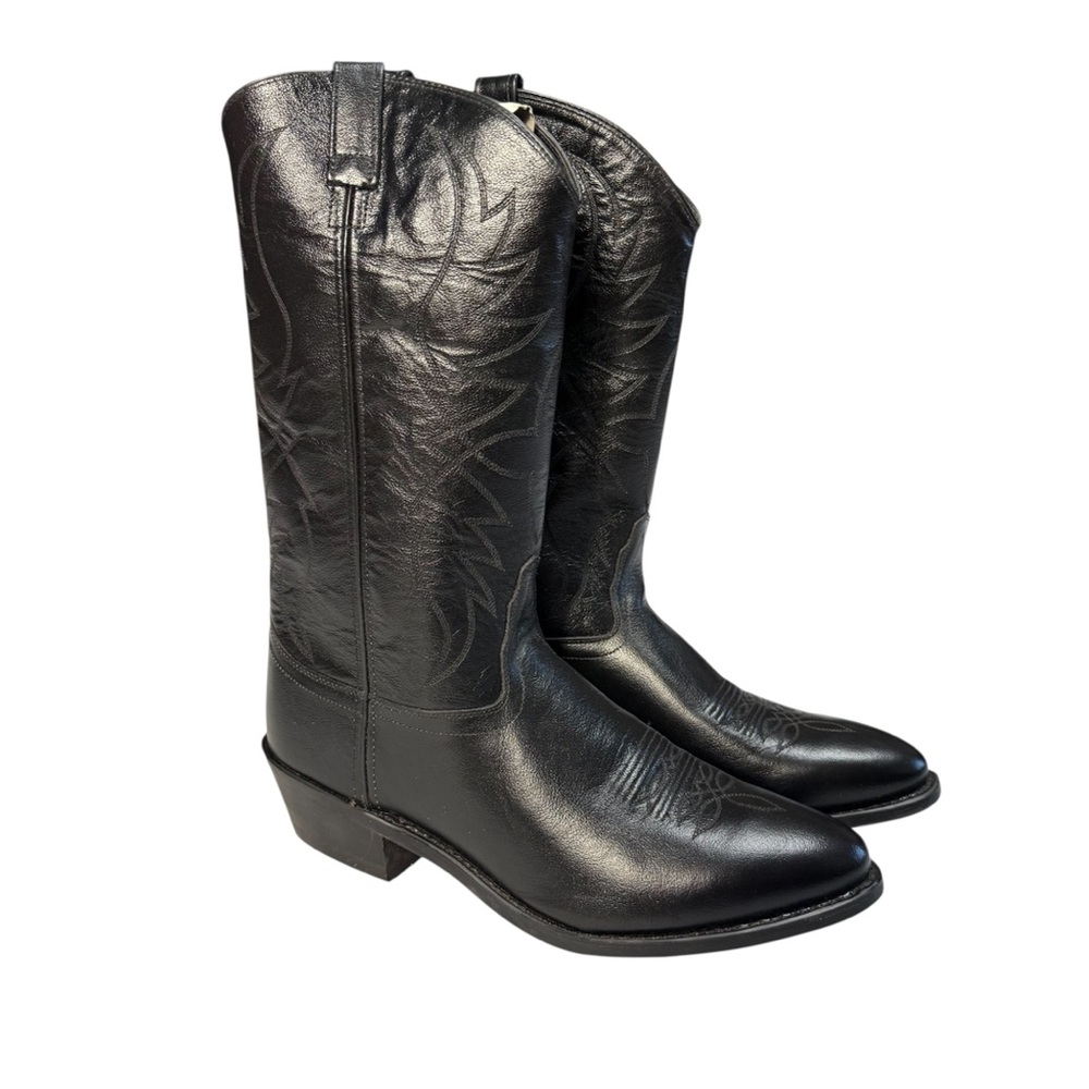 Men’s Black Western Cowboy Leather Boots Size 11 – Decorative Stitching – NEW